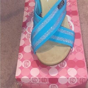 Anne Klein Turquoise Cross-Strap Wedge Sandals with Silver Accent